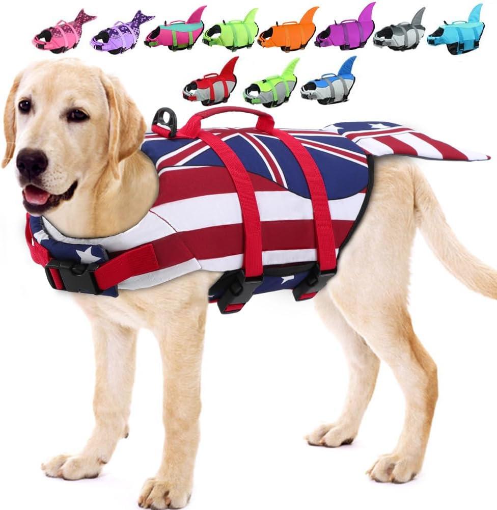 EMUST Mermaid Life Jackets for Dogs, Adjustable Ripstop Dog Life Vest for Water Safety Pet Life Vest with Rescue Handle Safety Vest for Swimming Pool Beach Boating, (L,FlagMermaid)