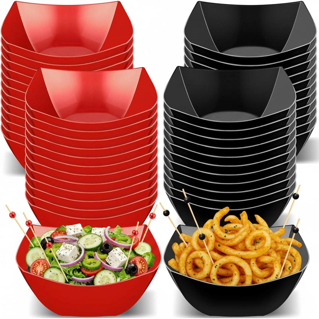 Newtay 100 Pcs Square Plastic Serving Bowl with Food Pick Disposable Snack Salad Buffet Bowl Candy Chip Fruit Dish Bar Containers Dessert Plate Party Supplies (8 oz,Black and Red)