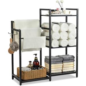 Aquzee Towel Storage for Bathroom, 3-Tier Towel Drying Rack Stand, Standing Towel Racks, 2 Hooks for Looafhs, Towel Holder for Rolled Folded Drying Towels, Black