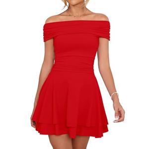 Kaximil Women's Off The Shoulder Mini Dress Ruffle Hem Ruched Corset Short Cocktail Party Dresses, Large, Red