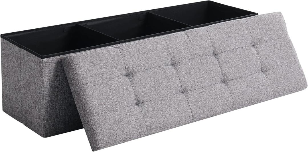 Cuyoca 45.3 Inches Foldable Seat Footrest Shoe Bench End of Bed Storage with Flipping Lid, 166L Upholstered Tufted Bench, Linen Fabric Grey