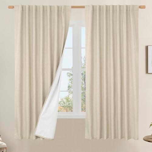 LAMIT 100% Blackout Linen Curtains 63 Inches Long, Flax Textured Living Room Farmhouse Curtains Full Room Darkening Back Tab and Rod Pocket Panels with White Liner, 2 Panels, Linen, 60 x 63 Inch