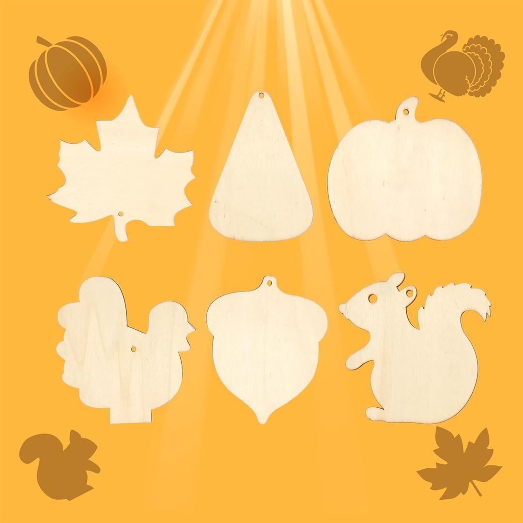 60-Pcs 4" Unfinished Thanksgiving Wooden Cutouts Ornaments for Thanksgiving Fall Party DIY Hanging Crafts Decorations (10cm, 6 Shapes, 10 Pcs/Shape)