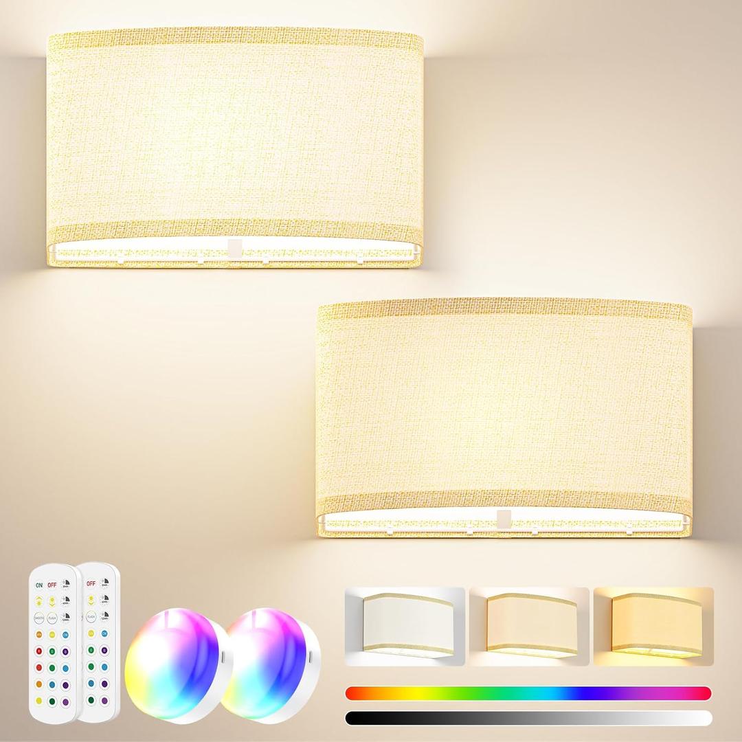 Battery Operated Wall Sconces Set of 2, 5000mAh Rechargeable Wall Lighting 15 Colors Wall Lamp with Remote 10 Levels Brightness, Wireless Wall Sconces Decor with Timer for Bedroom Living Room