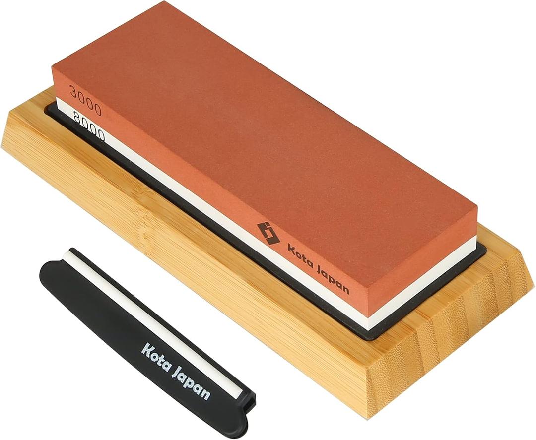 Kota Japan Combination Dual Sided 3000-8000 Grit Diamond Knife Sharpener Whetstone Set for Coarse Sharpening & Fine Polishing. Water Stone Kit | Adjustable Bamboo Holder Base | Precision Blade Guide