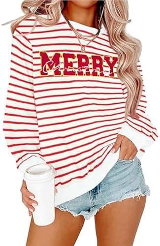 FCGHSII Christmas Sweatshirt for Women: Merry Christmas Long Sleeve Shirts Embroidered Xmas Holiday Crewneck Pullover Tops, Size XL
