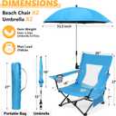 Joyfair Beach Camping Chair with Umbrellas, 2 Pack Outdoor Folding Low Camp Chairs for Adults, Heavy Duty Portable Chair with Umbrella for Outside Fishing, Lawn, Sport, Cup Holder & Carry Bag (Blue)