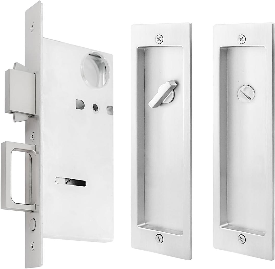 Pocket Door Lock,Modern Rectangular Pocket Door Hardware, Finger Flush Pulls with Edge Pull for Pocket Doors, Sliding Doors,Folding Doors etc (Sliver, Privacy Lock)