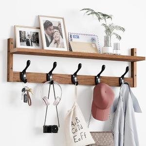 Osivaex 29'' Coat Rack Wall Mount with Shelf, Wood Wall Hooks with Storage, Entryway Shelf with 5 Hangers for Bathroom, Living Room, Bedroom, Rustic Brown