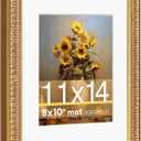 11x14 Picture Frame for 8x10 Photo with White Mat, HD Real Glass 11x14 Vintage Photo Frame, 11 by 14 Poster Frame with Gold Border Horizontal & Vertical Display for Tabletop or Wall Decor (1 Pack)