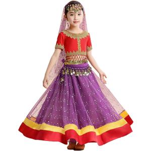 ORIDOOR Belly Dance Dress Girls Indian Bollywood Halloween Costume Chiffon Skirts Shiny Belly Dance Suits (11-13 Years, A-red+purple)