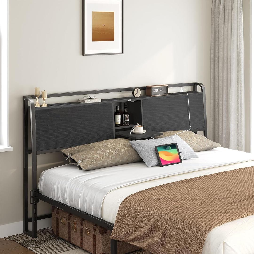 Headboard Queen Size Only, Headboard with 2 Outlets and 2 USB Ports, Industrial Head Board with Flip Door and Bed Frame Adapter, Height Adjustable, Black