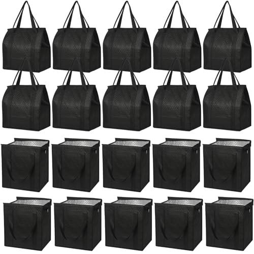 VZZNN 20 Pcs Insulated Shopping Bags for Groceries with Sturdy Zipper and Handles Large Foldable Washable Cooler Reusable Cooler Bags for Hot Cold Food Transport Travel Lunch (Black)
