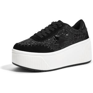 LUCKY STEP Women's Platform Chunky Sneakers Fashion Star Glitter Sparkly Wedge Walking Shoes High Heel Casual Shiny Thick Sole Footwear (8.5)