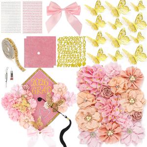 Graduation Cap Decorations Kit 2026 DIY Cap Decorations 36PCS Included Fake Flowers Heads Bow 3D Butterfly Self Adhesive Rhinestones Stickers Alphabet Letter Stickers for Grad Party Decor, Pink