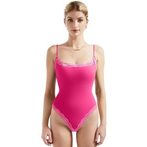 SUUKSESS Women Square Neck Lace Bodysuit Sleeveless Spaghetti Strap Tank Top (Small, Hot Pink)