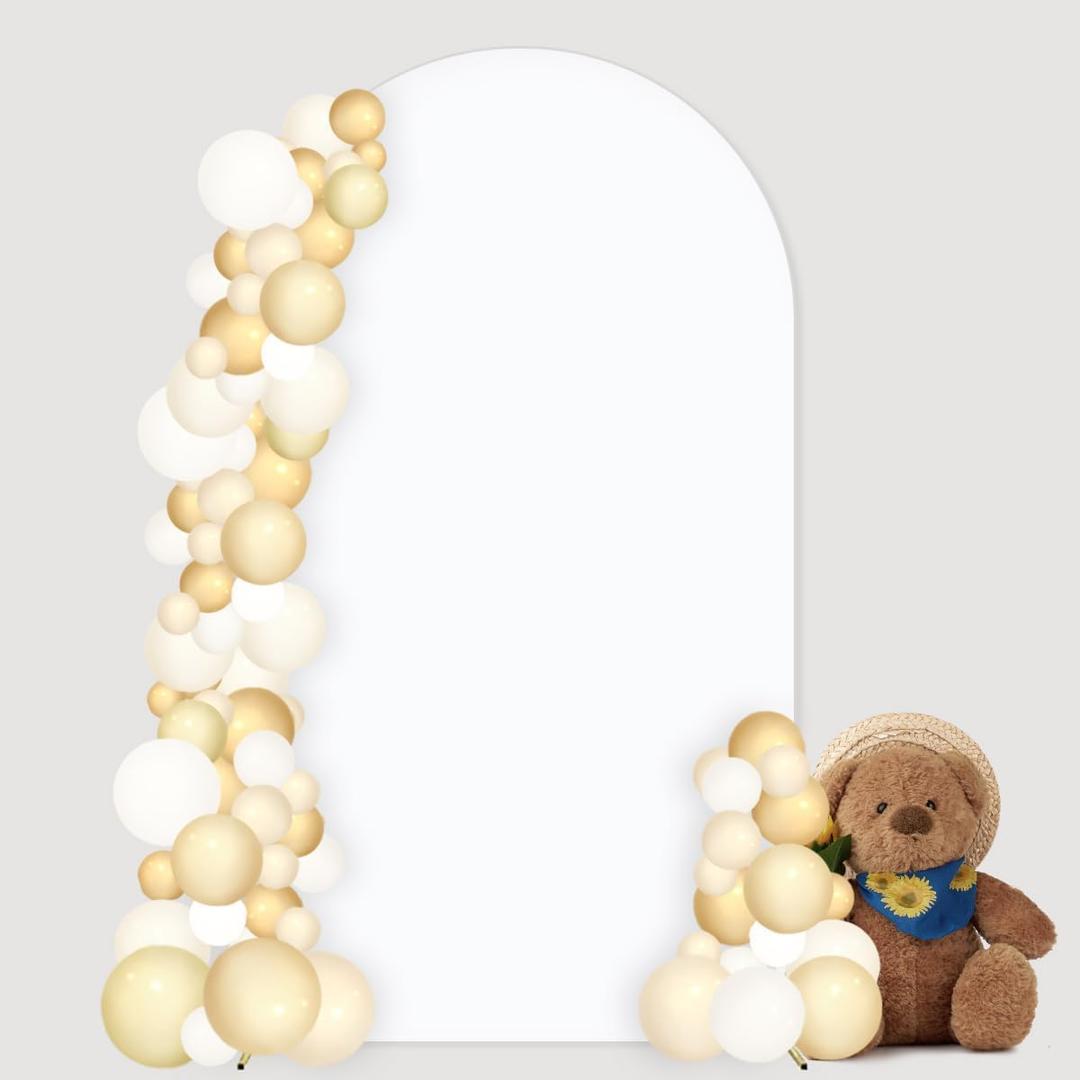MLMC 7.2FT Arch Backdrop Cover White Fitted Spandex Backdrop Stand Cover Stretchy Round Top Chiara Arch Cover for Baby Shower Birthday Party Wedding Ceremony Photography Background Decor 7.2x4FT