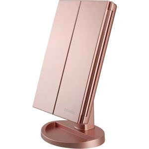 Deweisn Dresser Mount Tri-Fold Lighted Vanity Mirror with 21 LED Lights, Touch Screen and 3X/2X/1X Magnification, Two Power Supply Modes Make Up Mirror,Travel Mirror (Rose Gold)