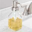 mDesign Square Glass Refillable Liquid Soap Dispenser Pump Bottle for Bathroom Vanity Countertop, Kitchen Sink - Holds Hand Soap, Dish Soap, Hand Sanitizer, Essential Oils - 2 Pack - Clear/Brushed