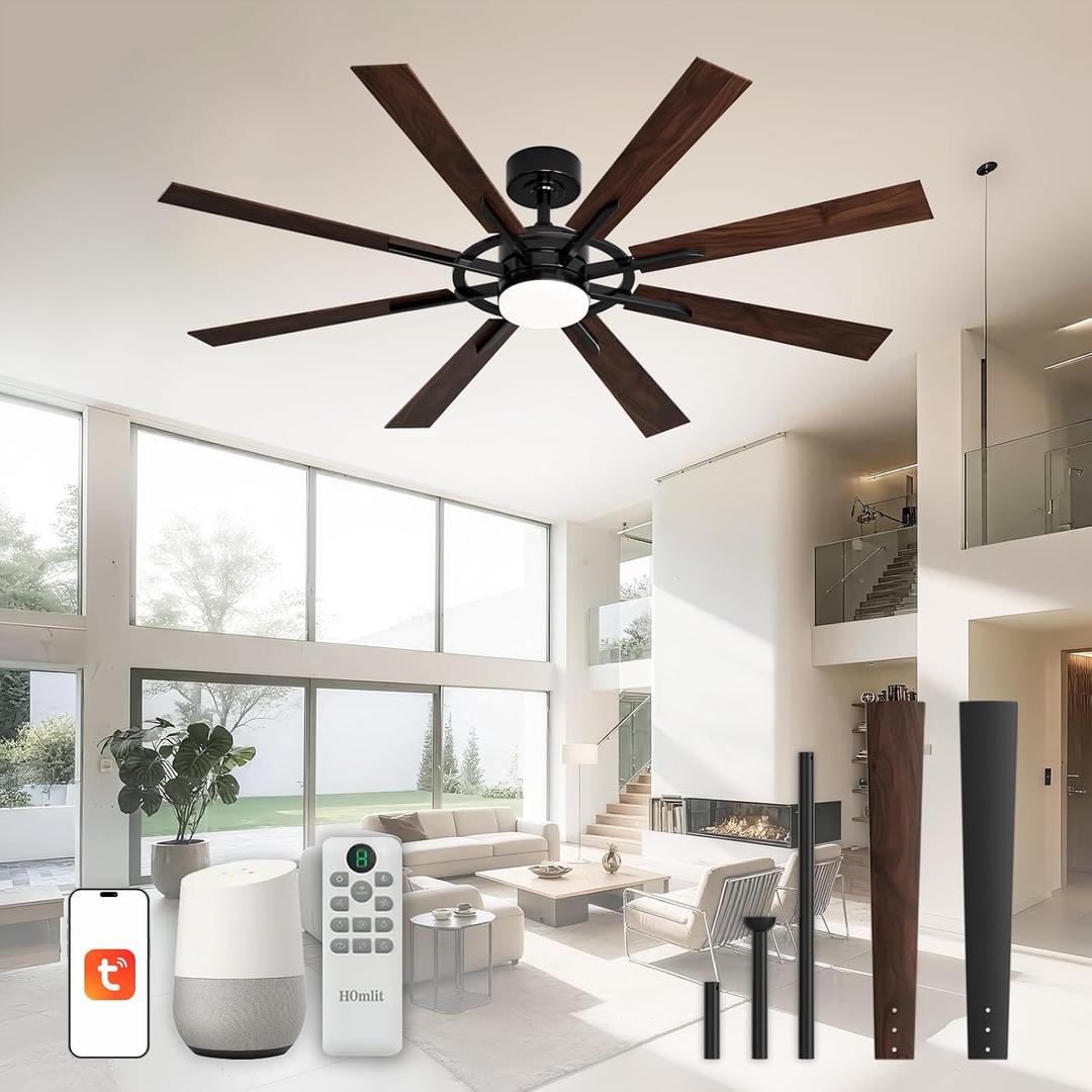 60 Inch Smart Ceiling Fan, Black Indoor/Outdoor Ceiling Fans with Lights and Remote, Compatible with Alexa/Google/App, 3CCT Dimmable 6 Speeds Timing for Living Room Bedroom Patio