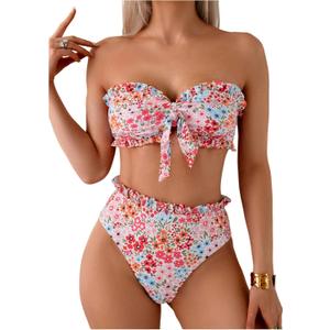 SOLY HUX Women's Bandeau Bikini Set Tie Knot Front Frill Strapless High Waisted Bathing Suit Two Piece Swimsuit (Large, Multicoloured Floral)