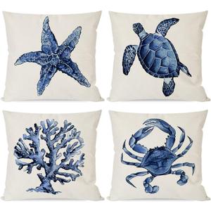 Sea Life Coastal Throw Pillow Covers 20x20 Inch Starfish Turtle Crab Coral Indigo Blue Summer Beach Ocean Nautical Outdoor Decorations Decorative Throw Pillows Cases Set of 4 for Couch Decor
