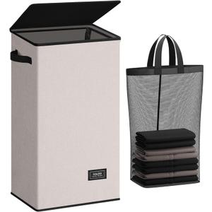 SOLEDI Laundry Hamper with Lid 100L Large & Tall Collapsible Laundry Basket, Clothes Hamper with Bag Removable Easy to Carry, Dirty Hampers for Bedroom, Bathroom, Dorm, College,Light taupe