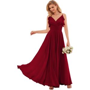 YUAOHUANG Women Chiffon Bridesmaid Dress Flowy Spaghetti Straps V Neck Corset Ruched Ruffle Sleeves Wedding Guest Dresses (Red, M)