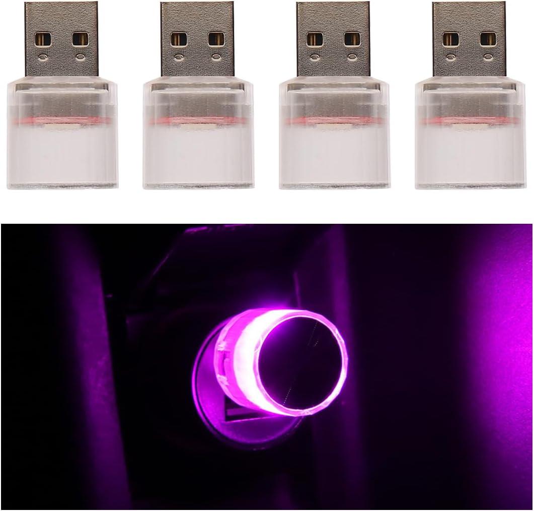 4PCS LED Car Interior Atmosphere Lamp, Plug-in USB Portable Mini Automotive Night Light Interface Trunk Ambient Lighting Kit, Car Interior Decor Universal for SUV, TruckPink Purple