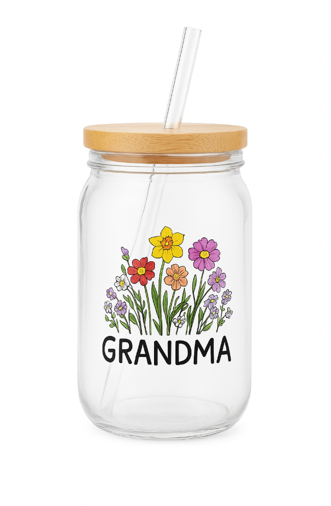Yipaidel Grandma Rainbow 16oz Glass Tumbler with Bamboo Lid & Straw, Beer Can Shaped Iced Coffee & Drinking, Inspirational Sunshine Gifts for Mom, Wife, Best Friend - Christmas, Birthday Presents