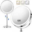 Lighted Makeup Mirror, Rechargeable Height Adjustable Double Sided, 1x/10x Magnifying with 3 Color, Brightness Adjustable, 360 Rotation Vanity, Gift for Women (Chrome)