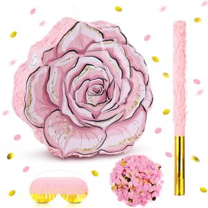 Pink Flower Piata Set with Blindfold Bat and Confetti Floral Piata Girls Party Game for Graduation Birthday Baby Shower Gender Reveal Wedding Party (16.54 x 15.75 Inches)