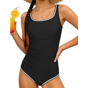 CRISONE Girl's Swimsuits Girls' Swimwear Girls One Piece Swimsuits Swimming Suit for Girl Size 14 Swimsuit Teen Bathing Suit Contrast Trim Girl Swimsuit Size 14 13 Black