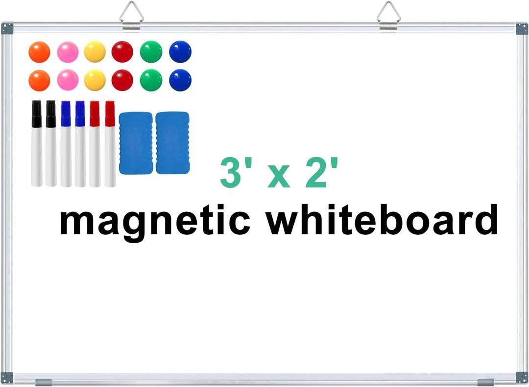 H-Qprobd 3' x 2' Magnetic Whiteboard Large Dry Erase White Board 36"x24" Aluminum Presentation Whiteboard with Long Pen Tray, 6 Markers, 2 Erasers &12 Magnets