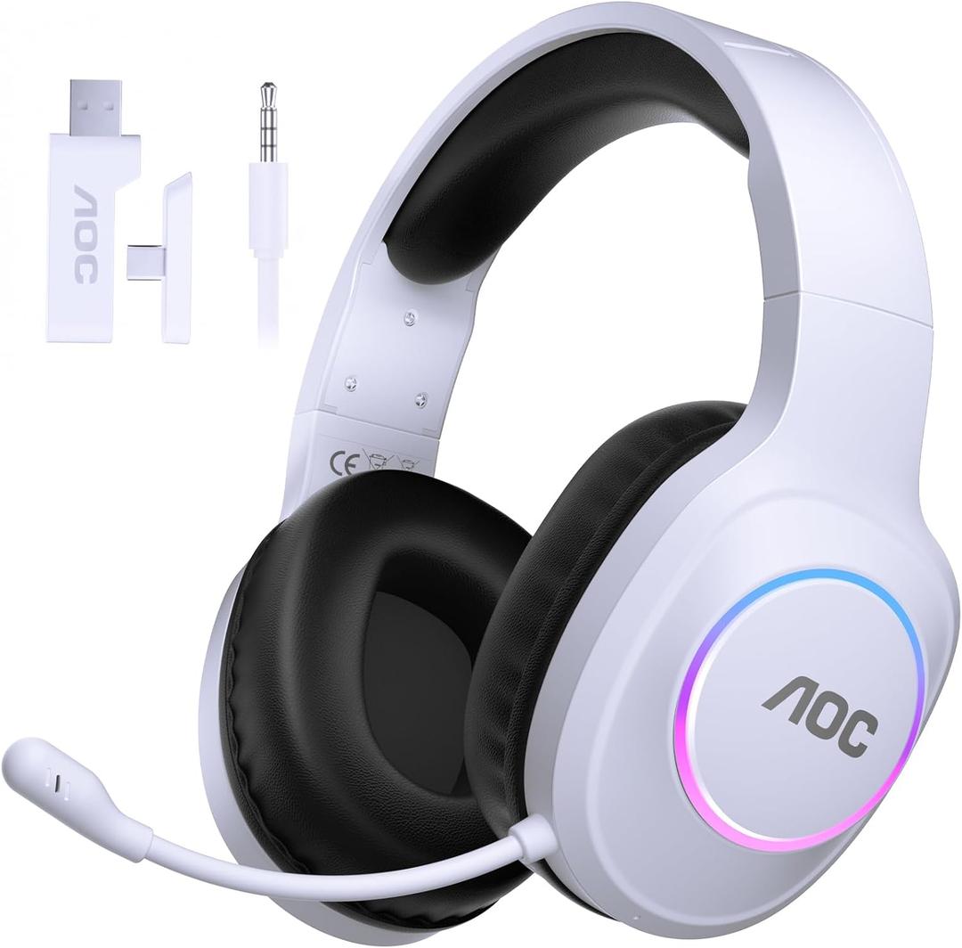 AOC Wireless Gaming Headset Compatible with ps5/4, PC, USB-C & Bluetooth 5.4 & 2.4GHz Gaming Headphones with Noise Canceling Mic, 7.1 Virtual Surround,20ms Latency, 45H, RGB- White
