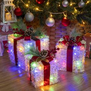 Set of 3 Christmas Lighted Gift Boxes, 60 LED Light Up Present Boxes for Christmas Decorations Indoor Outdoor Yard Xmas Tree Holiday Party Lawn Porch Home Decor(Multicolor)