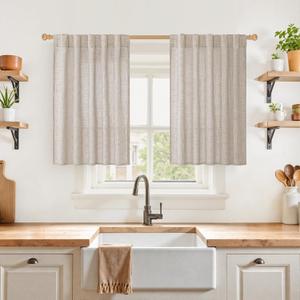 YoungsTex Linen Kitchen Curtains 36 Inches Long 2 Panels, Beige Semi Sheer Drapes Short Length Light Filtering Textured with Rod Pocket Back Tab for Cafe Bathroom Window, 42 X 36 Inch (Natural)