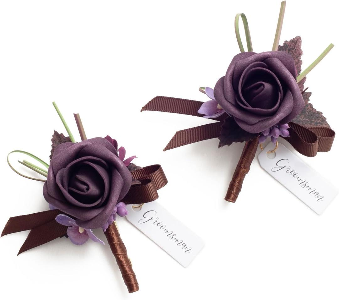 Ling's moment Boutonniere for Men, 2pcs Groom Groomsmen Guest Boutonniere, Artificial Flowers for Wedding/Prom/Homecoming, etc.Deep Purple