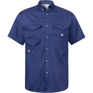 Alimens & Gentle Short Sleeve Fishing Shirt Wicking Fabric Sun Protection Casual Button Down Shirts (Medium, Navy)