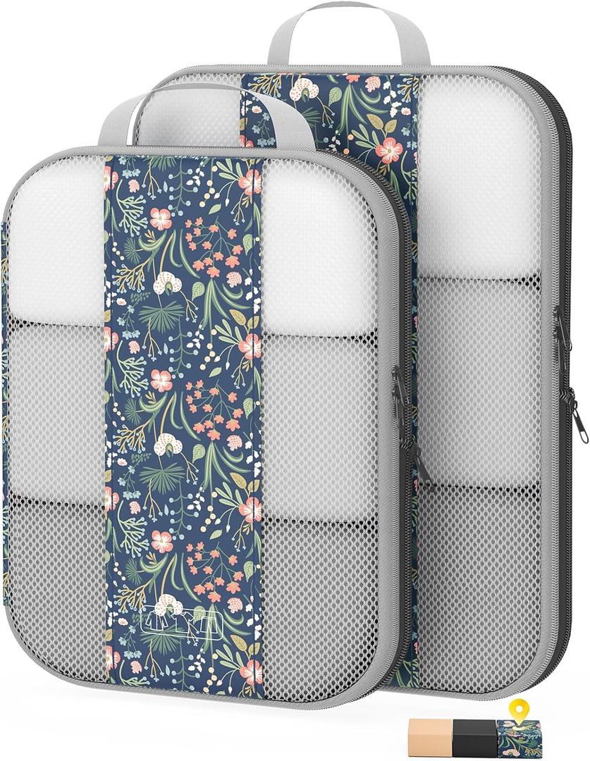 2 Set Compression Packing Cubes for Travel Essentials,Compressible Expandable Packing Cubes for Suitcase,OlarHike Luggage Organizer Bags for Travel (Dark Blue Floral)