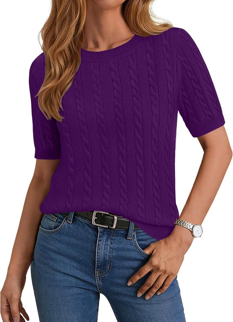 Zeagoo Cable Short Sleeve Sweaters for Women Summer Spring Cute Tops 2026 Trendy Business Causal Outfits Work Blouses Clothes (Purple)