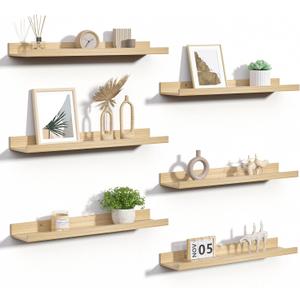 upsimples Floating Shelves for Wall, 23.6 Inch Shelves for Decor Storage Set of 6, Wall Mounted Wood Shelf for Bedroom, Living Room, Bathroom, Kitchen, Long Picture Ledge Shelves, Natural