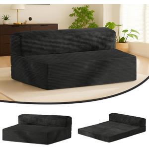 6-inch Folding Mattress Full Size Futon Sofa Bed - Convertible Floor Bed & Sleeping Couch with Removable Corduroy Cover & Carry Handles, High-Density Memory Foam, Black