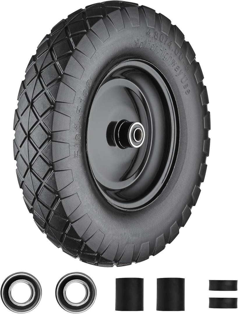 Wheelbarrow Tires 4.80/4.00-8 Flat Free, 16 inch Solid Tire and Wheel with 5/8 or 3/4 Bearings, Wheel Barrow Tires 4.80/4.00-8 Includes Adapter Kit by Cubesprings