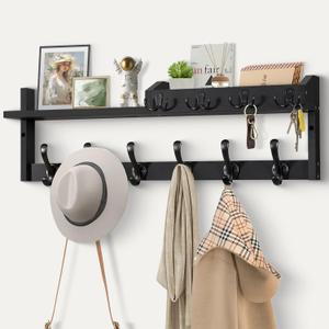 Coat Rack Wall Mount with Shelf, 27.5" Entryway Wall Hanging Shelf, Coat and Key Hanger with 10 Dual Hooks, Mail Organizer and Key Holder Hat Rack for Wall, Wood Coat Hooks with Storage (Black)