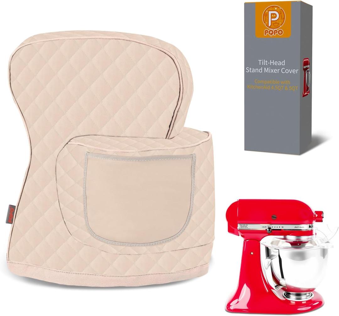 Stand Mixer Cover Compatible with KitchenAid 3.5-5 Quart Tilt-Head Mixer, Quilted Waterproof Appliance Dust Protector with Storage Pocket(Khaki)