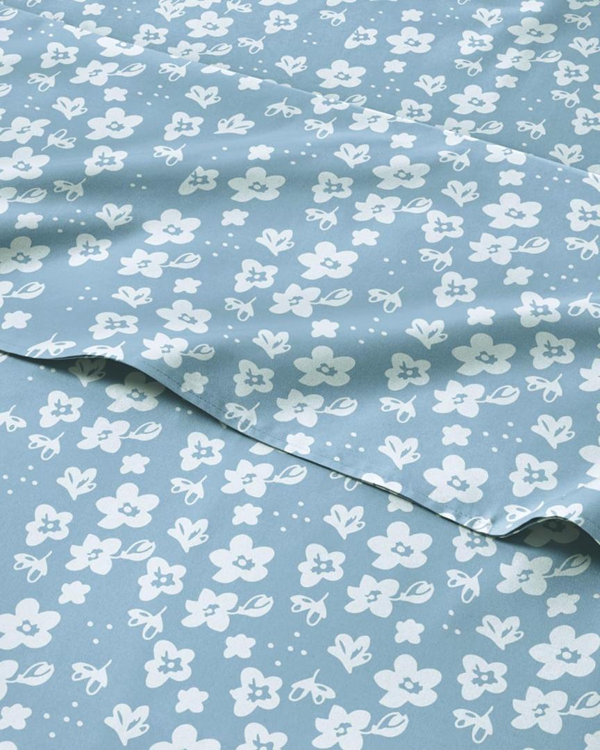 Floral Sheets - Blue Floral Bed Sheet Set - 1 Flat, 1 Fitted & 1 Pillowcase w/ Deep Pockets - Comfy, Wrinkle & Fade Free - Boho Botanical Bedding - Ultra-Soft, Breathable and Cooling - Twin Size Set