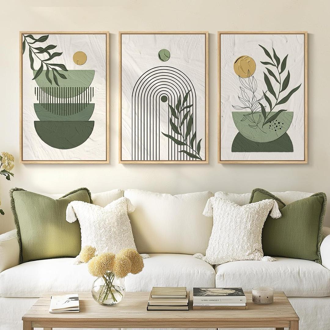 Framed Sage Green Boho Wall Art Bedroom, 3 Piece Bohemian Botanical Paintings Prints Canvas Artwork for Walls, Large Mid Century Modern Boho Pictures for Living Room Home Office Wall Decor, 16x24 In, 16" W x 24" H x 3Pcs