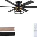 Ceiling Fans with Light and Remote,52inch Farmhouse DIY Caged Flush Mount Ceiling Fan with Reversible DC Motor Dual Finish 6 Blades,6 Speed Black Ceiling Fan for Patio,Bedroom,Indoor and outdoor