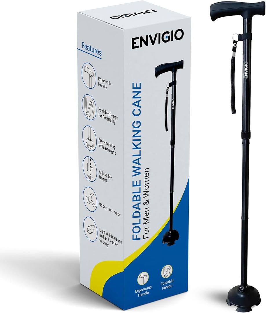 Foldable Walking Cane for Men & Women | Free Standing Cane | Pivot Tip, Heavy Duty | Height Adjustable | Comfortable T Handles | Fold up Aluminum Cane | Walking Sticks for Seniors | Black